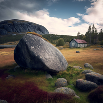 Midjourney Bot: big flat stone in rural Norwegian scenery