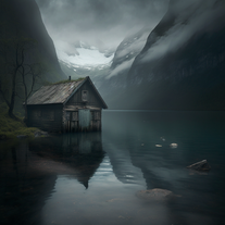 Midjourney Bot: sorrow and loss, rain, fjord, mountain, boathouse